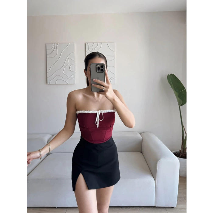 BSK Ön Bağlamalı Straplez Crop - BORDO