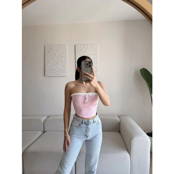 BSK Ön Bağlamalı Straplez Crop - PEMBE
