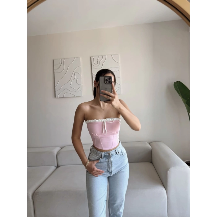 BSK Ön Bağlamalı Straplez Crop - PEMBE