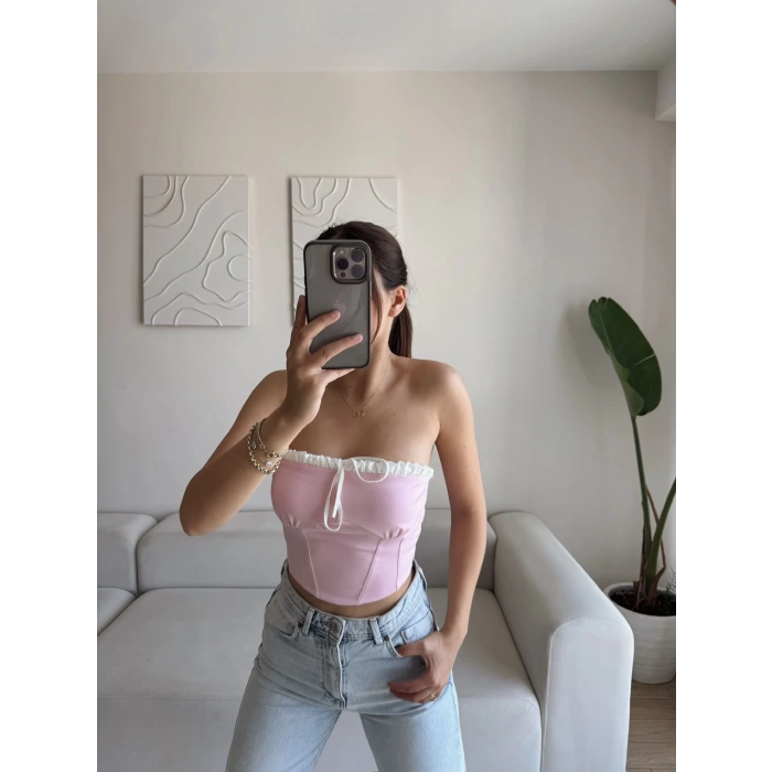 BSK Ön Bağlamalı Straplez Crop - PEMBE