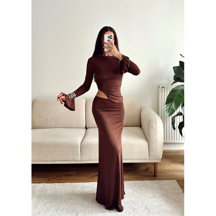 Büzgü Detay Fırfırlı İkili Takım - KAHVE
