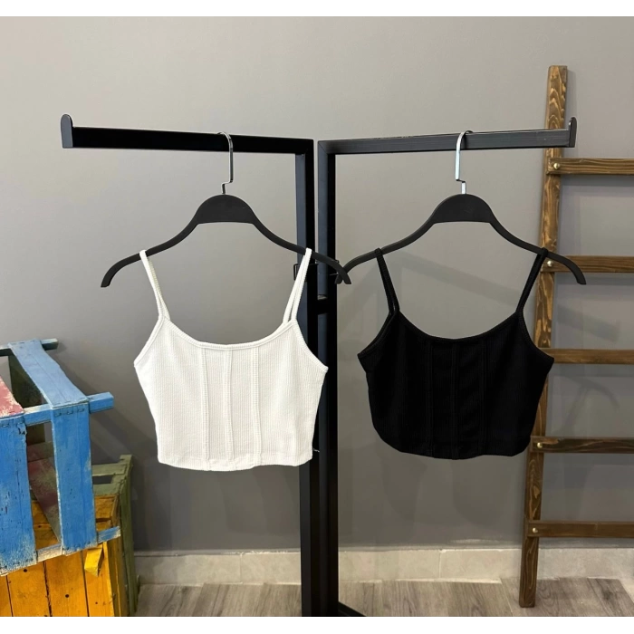 Büzgülü Askılı Kaşkorse Crop-BEYAZ