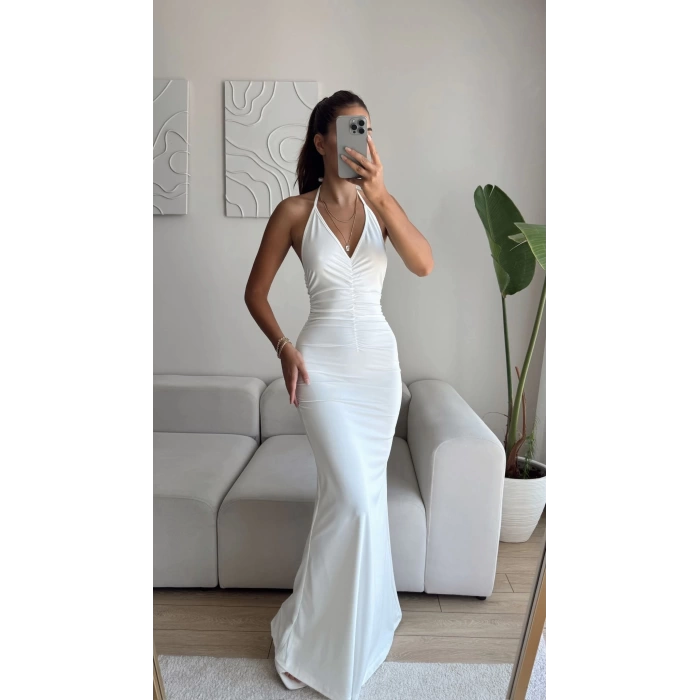 Büzgülü Boyun Bağlamalı Maxi Elbise - BEYAZ
