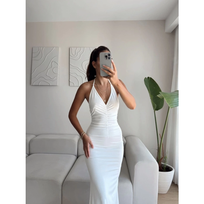 Büzgülü Boyun Bağlamalı Maxi Elbise - BEYAZ