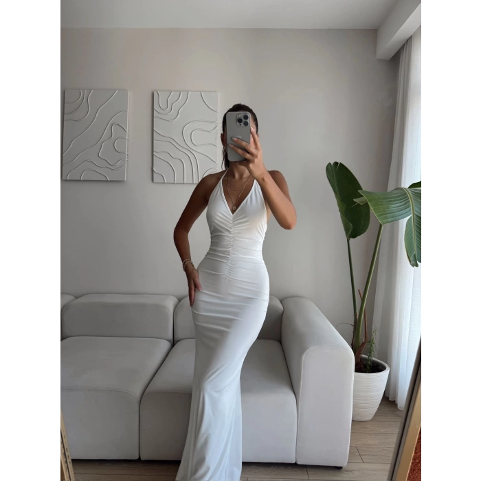 Büzgülü Boyun Bağlamalı Maxi Elbise - BEYAZ