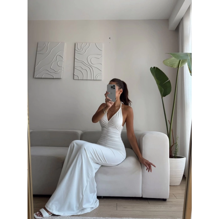 Büzgülü Boyun Bağlamalı Maxi Elbise - BEYAZ