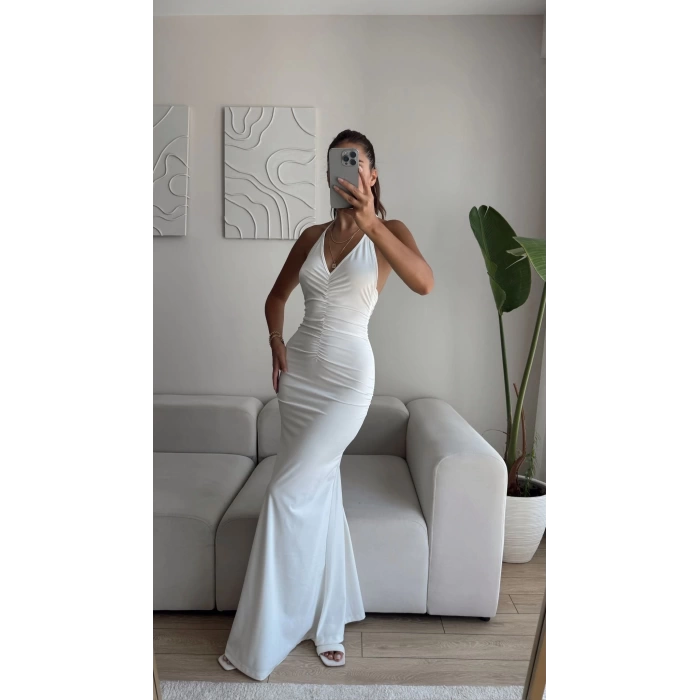 Büzgülü Boyun Bağlamalı Maxi Elbise - BEYAZ