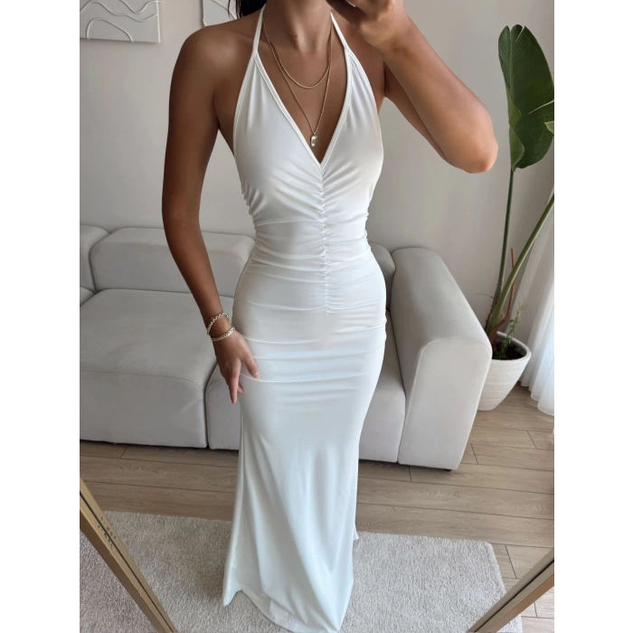 Büzgülü Boyun Bağlamalı Maxi Elbise - BEYAZ