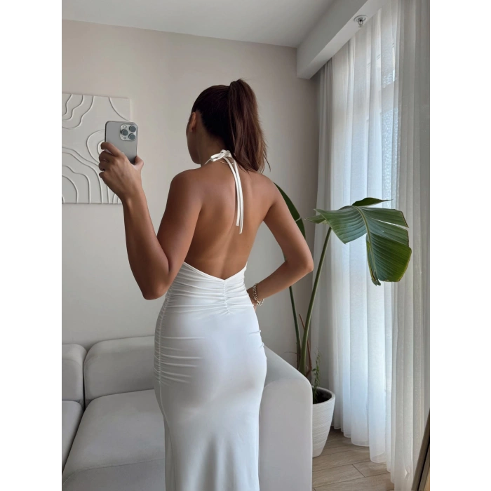 Büzgülü Boyun Bağlamalı Maxi Elbise - BEYAZ
