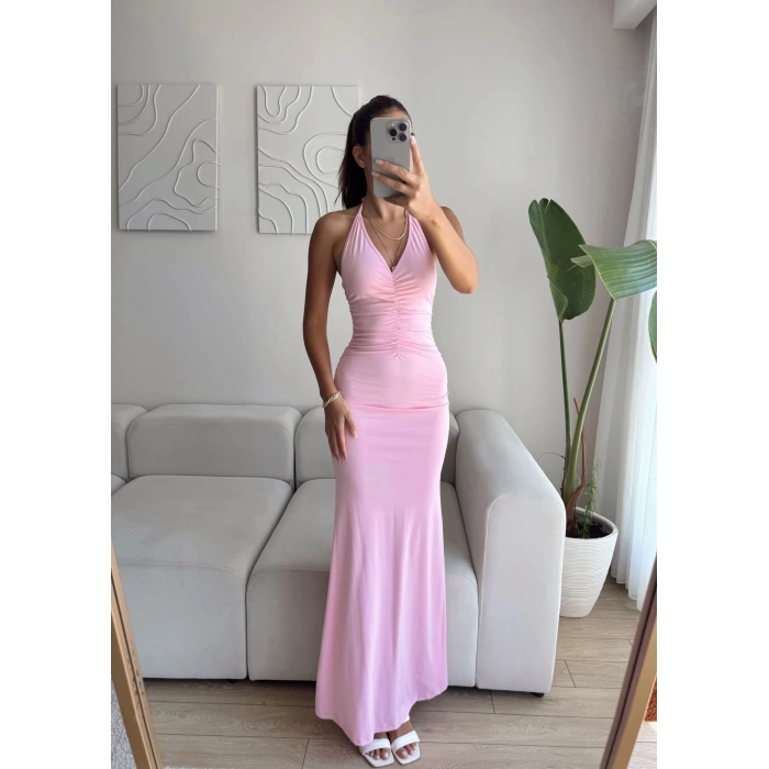 Büzgülü Boyun Bağlamalı Maxi Elbise - PEMBE