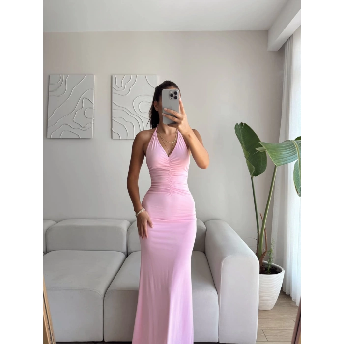 Büzgülü Boyun Bağlamalı Maxi Elbise - PEMBE