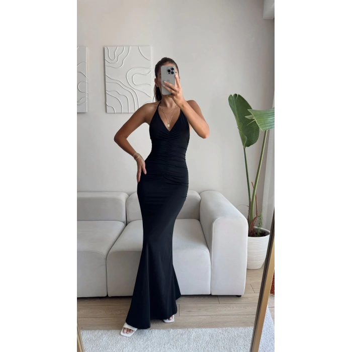 Büzgülü Boyun Bağlamalı Maxi Elbise - SİYAH