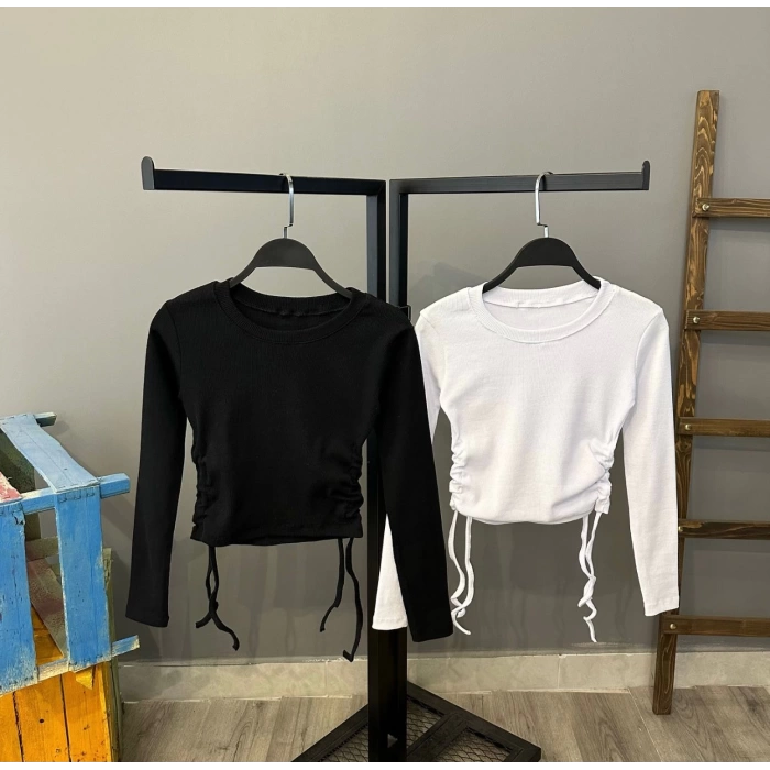 Büzgülü Kaşkorse Crop Bluz-SİYAH