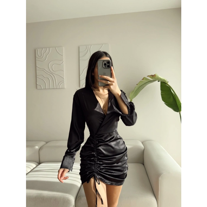 Büzgülü Kruvaze Saten Elbise