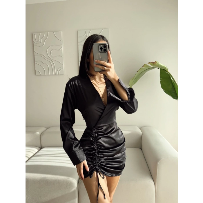 Büzgülü Kruvaze Saten Elbise