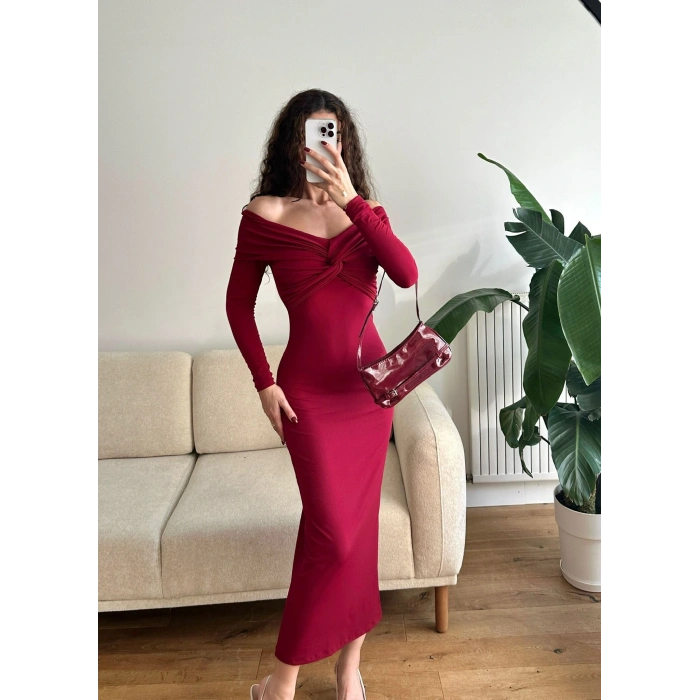 Büzgülü Madonna Yaka Elbise - BORDO