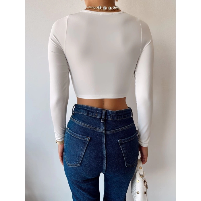 Büzgülü Omuz Detay Crop Bluz-BEYAZ