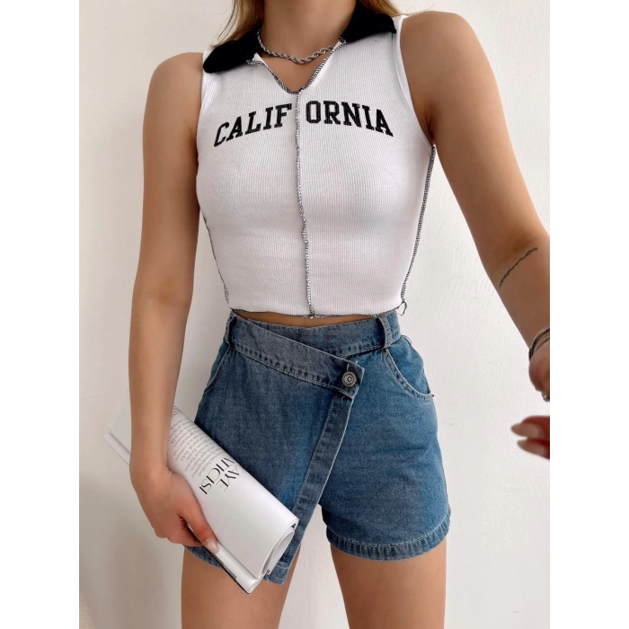 California Polo Yaka Crop-BEYAZ