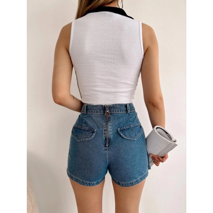 California Polo Yaka Crop-BEYAZ