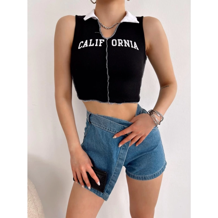 California Polo Yaka Crop-SİYAH