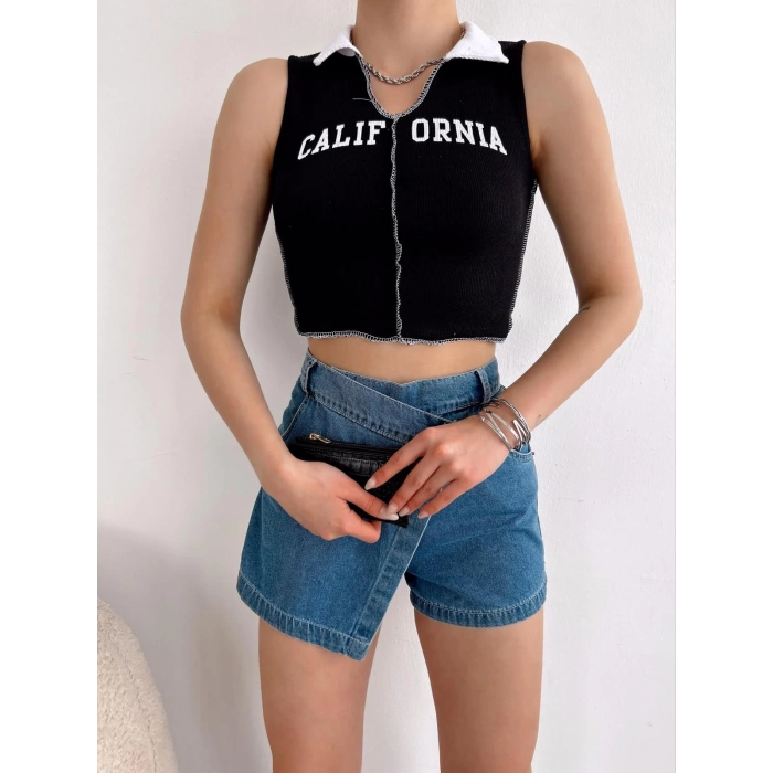 California Polo Yaka Crop-SİYAH