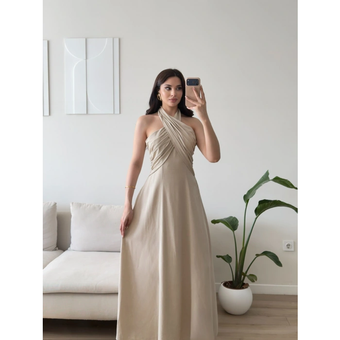 Çapraz Bağlamalı Premium Elbise - BEJ