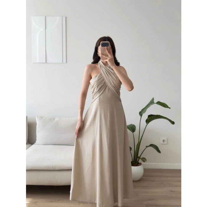 Çapraz Bağlamalı Premium Elbise - BEJ