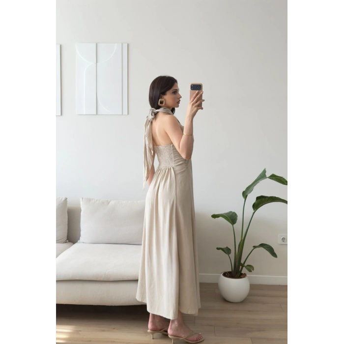 Çapraz Bağlamalı Premium Elbise - BEJ