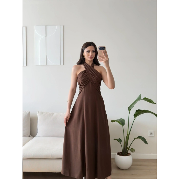 Çapraz Bağlamalı Premium Elbise - KAHVE