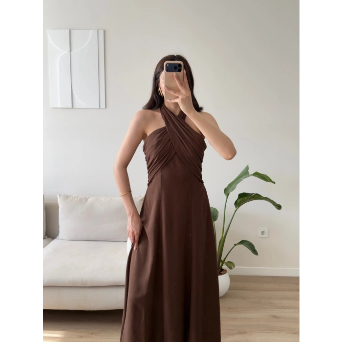 Çapraz Bağlamalı Premium Elbise - KAHVE