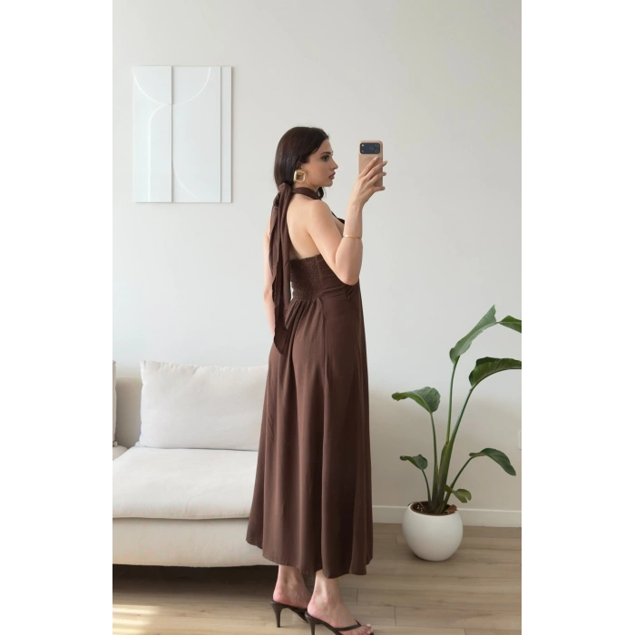 Çapraz Bağlamalı Premium Elbise - KAHVE