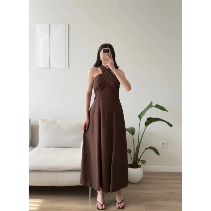 Çapraz Bağlamalı Premium Elbise - KAHVE