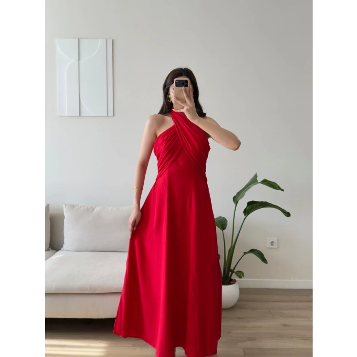 Çapraz Bağlamalı Premium Elbise - KIRMIZI