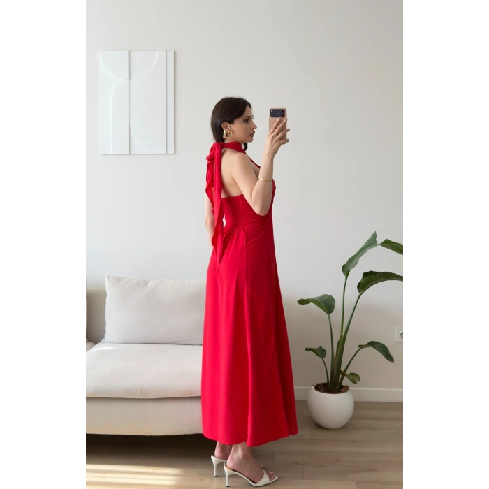 Çapraz Bağlamalı Premium Elbise - KIRMIZI