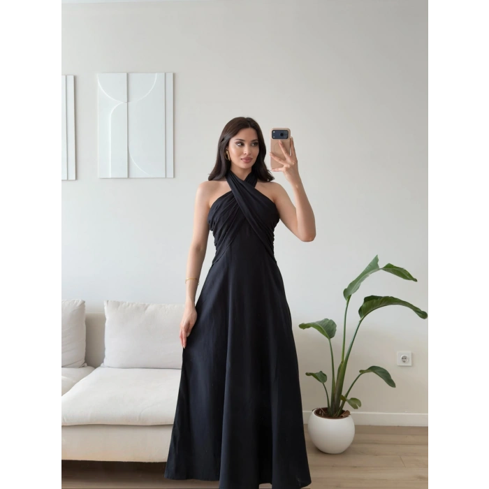 Çapraz Bağlamalı Premium Elbise - SİYAH