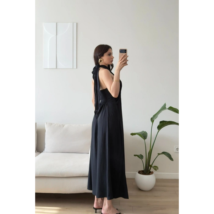 Çapraz Bağlamalı Premium Elbise - SİYAH