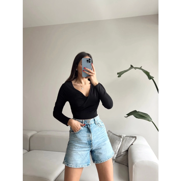 Çapraz Detay Crop Bluz-SİYAH