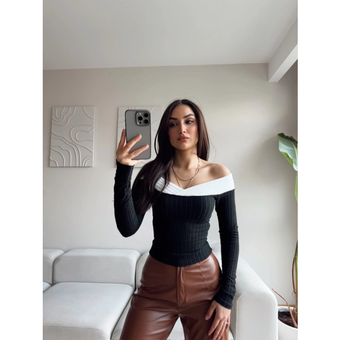 Çapraz Madonna Yaka Yumoş Bluz - SİYAH