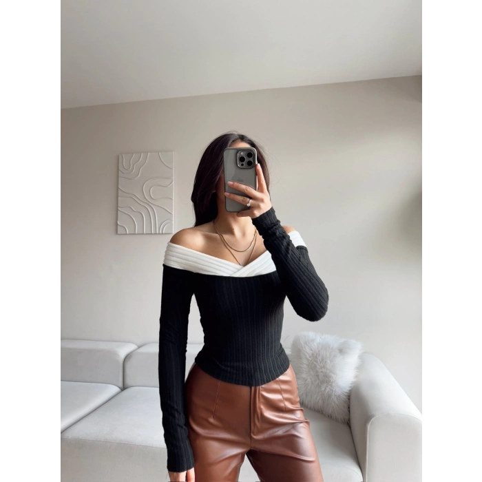 Çapraz Madonna Yaka Yumoş Bluz - SİYAH