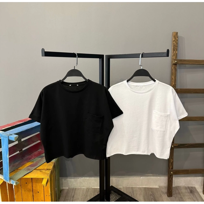 Cep Detay Basic Crop T-shirt-SİYAH