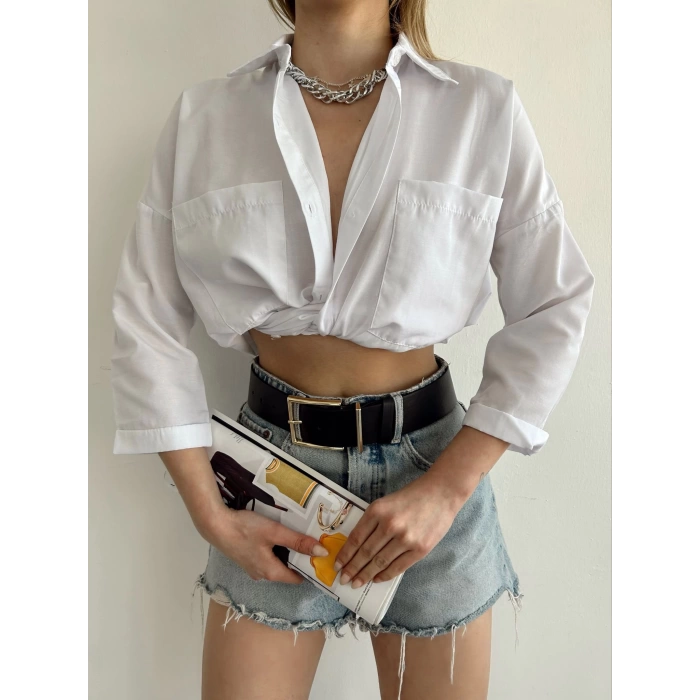 Cep Detay Boyfriend Gömlek-BEYAZ