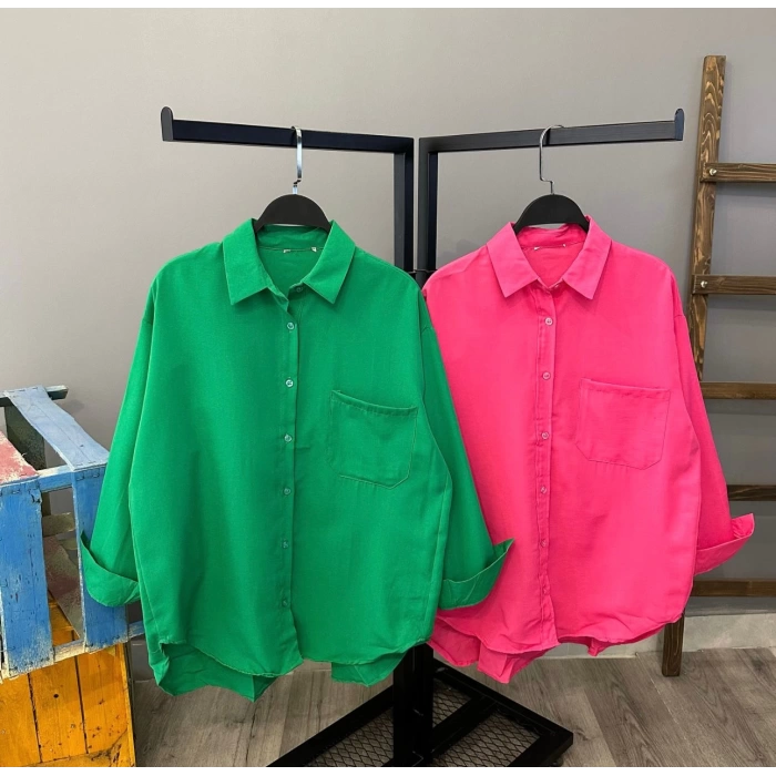 Cep Detay Oversize Basic Gömlek-YEŞİL