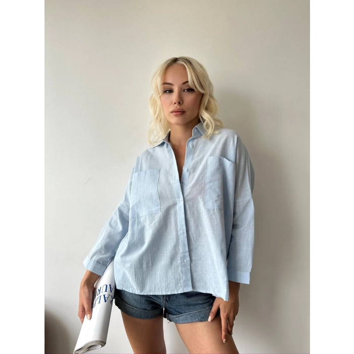 Cep Detay Oversize Gömlek-BEBE MAVİSİ