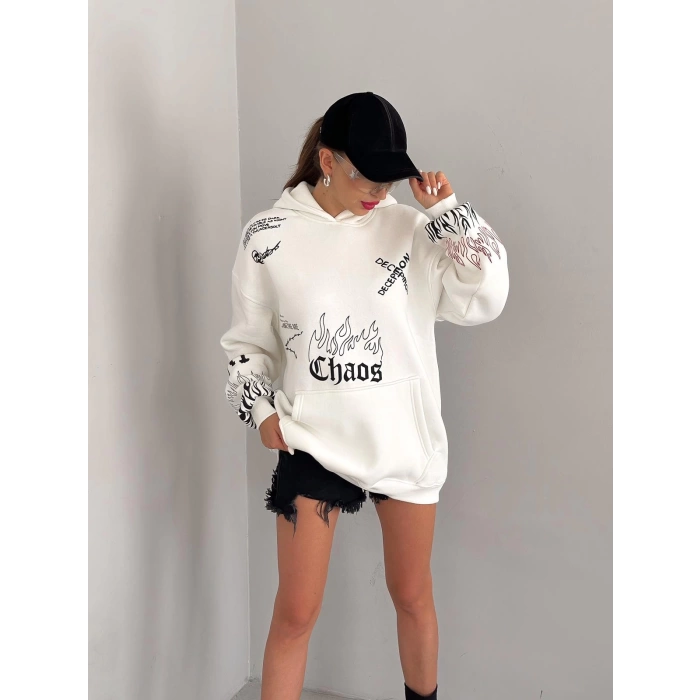 Chaos Deception Unisex Oversize Sweathirt-BEYAZ