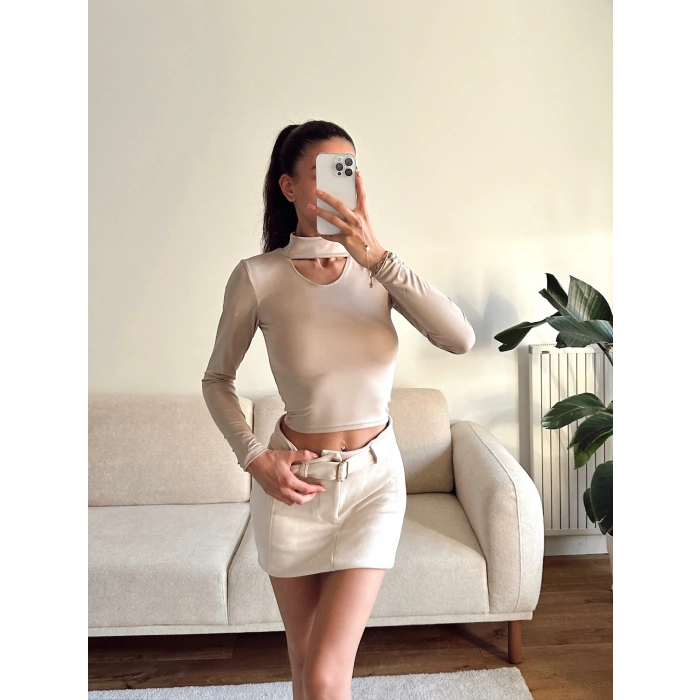 Choker Yaka Crop Bluz - BEJ
