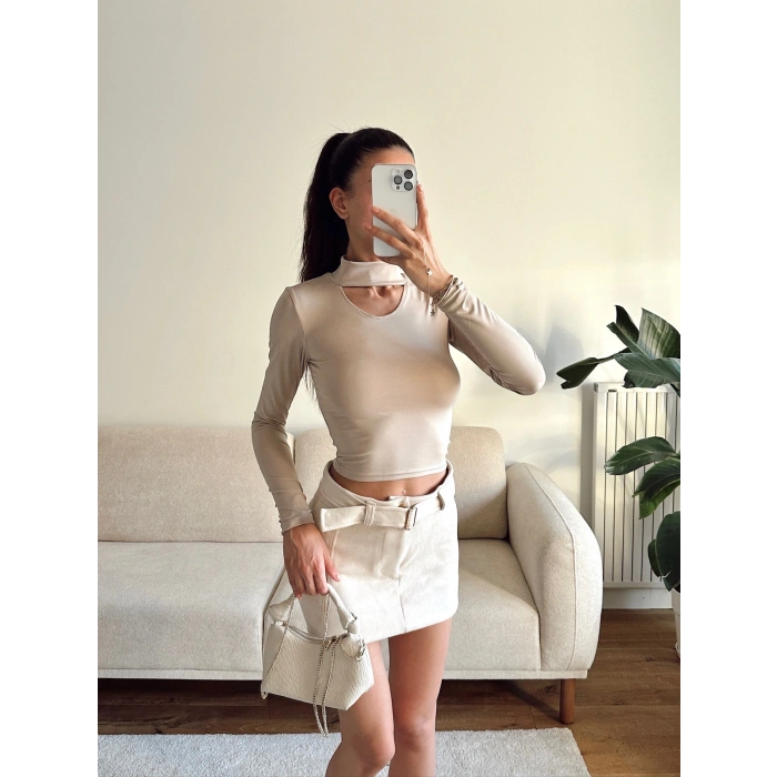 Choker Yaka Crop Bluz - BEJ