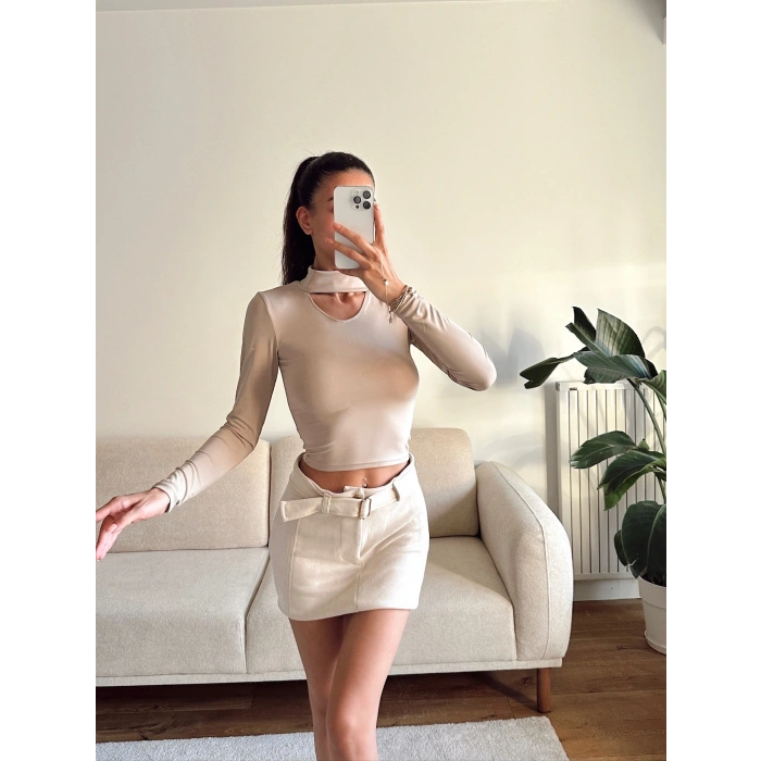 Choker Yaka Crop Bluz - BEJ