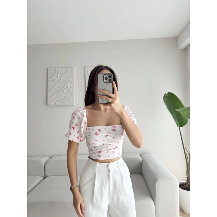 Çiçek Baskı Kare Yaka Crop