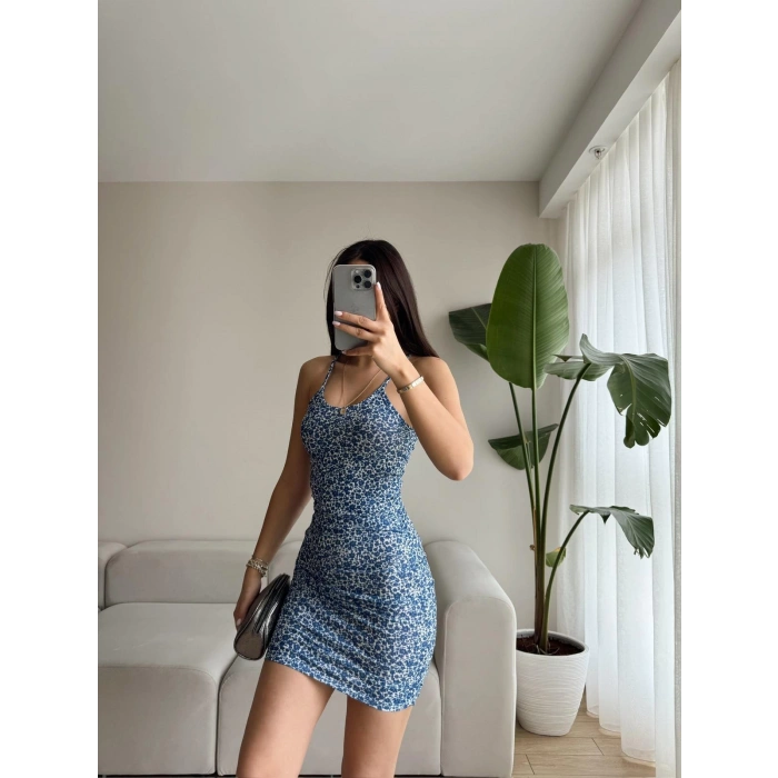 Çiçek Desen Askılı Elbise-MAVİ