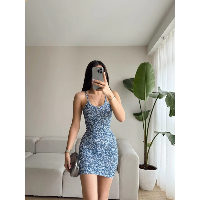Çiçek Desen Askılı Elbise-MAVİ